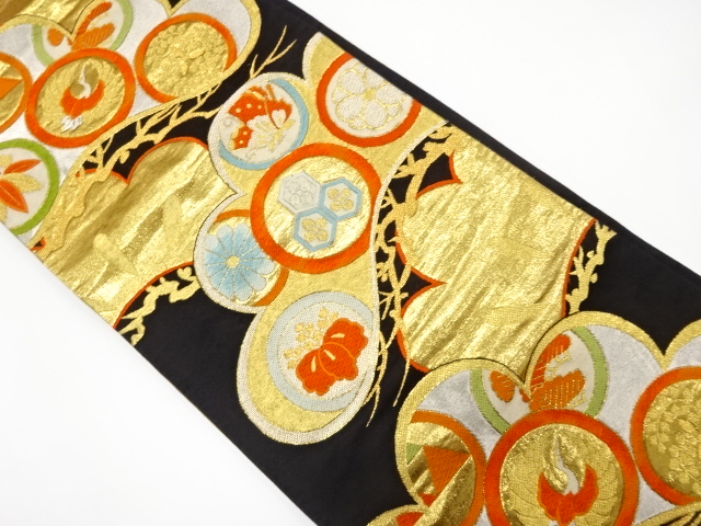 JAPANESE KIMONO / ANTIQUE FUKURO OBI / SILK / WOVEN PINE & CRANE
